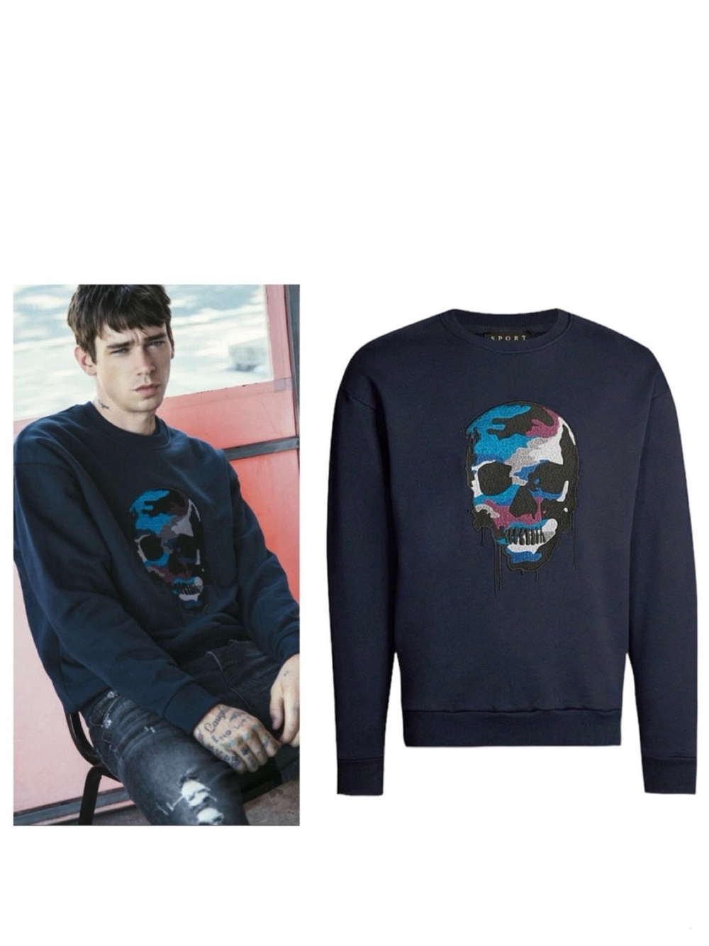 The Kooples Relaxed Fit Crewneck Skull Sweatshirt Size Large Blue